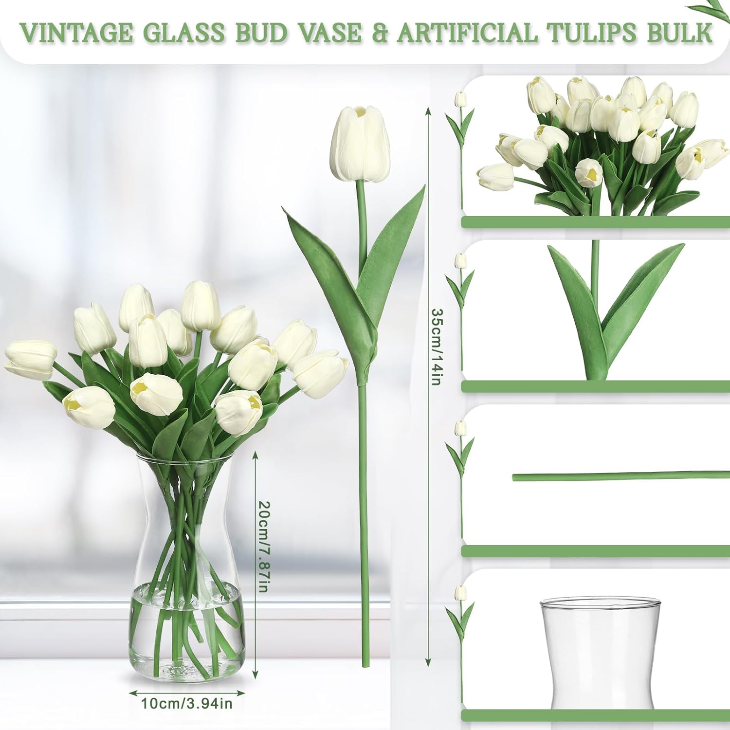 20pcs Artificial Tulips Real Touch 14" PU Fake Flowers Tulips with Vase for Spring Mother's Day Home Wedding Bouquet Easter Party Centerpiece Decorations(Cream White) - Image 2