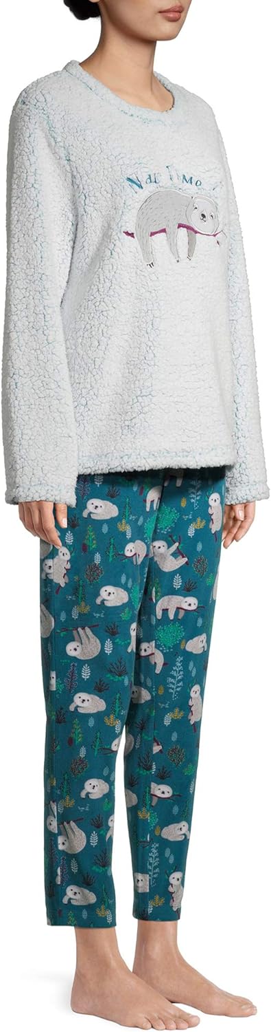 Women's Sleeping Sloth Plush Sherpa Long Sleeve Pajama Set, (Size - Image 3