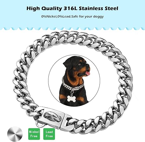 Miniatura 4 de Collar de acero inoxidable resistente para perros de metal plateado con hebilla segura, cadena de eslabones cubanos de 0.55 pulgadas para perros