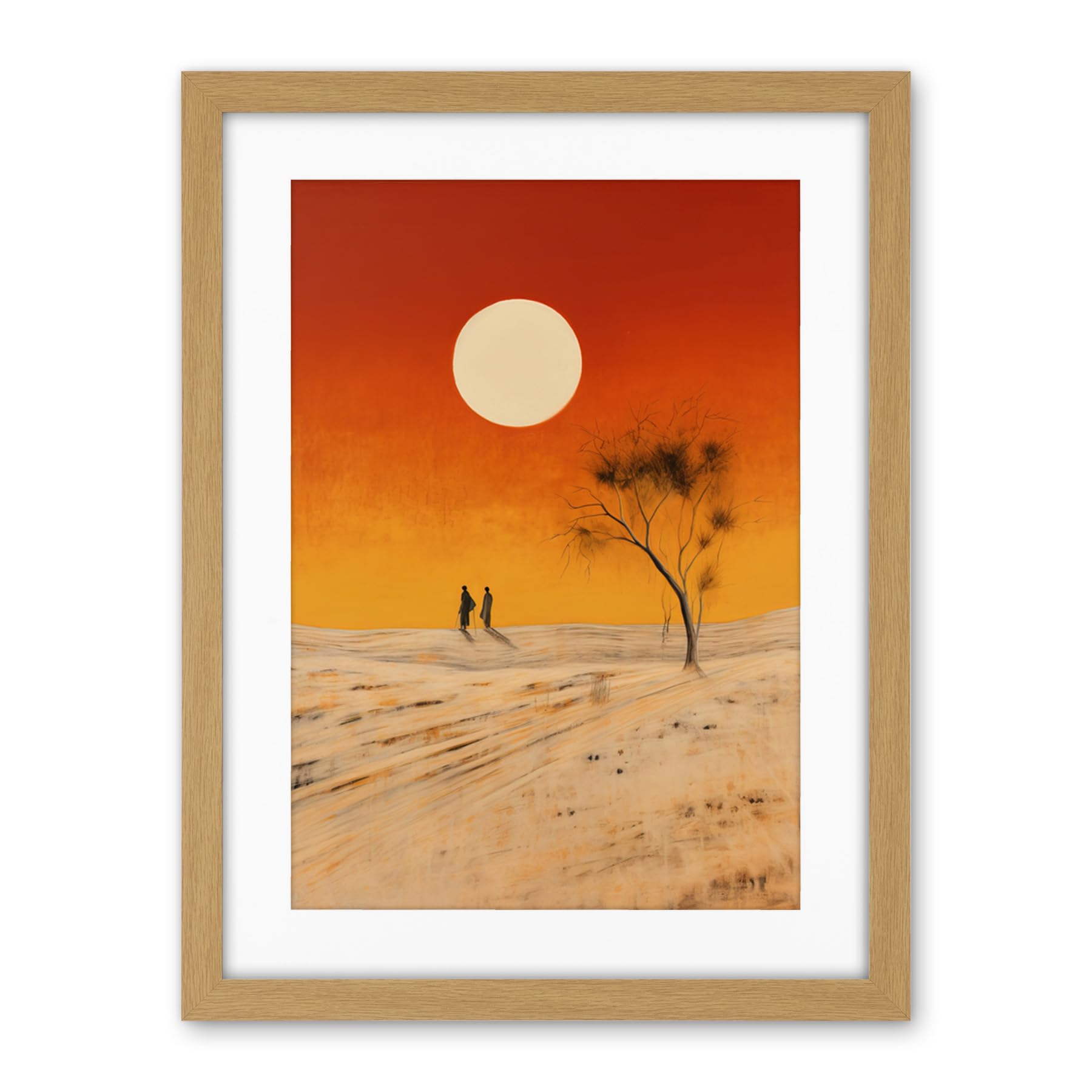 Artery8 Desert Landscape Sunset Sun Oil Painting Amber Orange Yellow Windswept Dunes Artwork Framed Wall Art Print 18X24 Inch