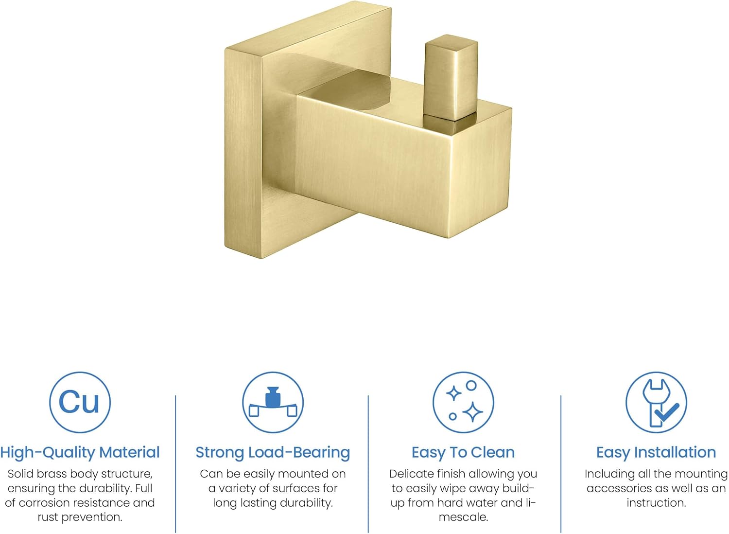 KIBI Cube Bathroom Towel and Robe Hook | 2-Inch Solid Brass Wall Mounted Hooks for Bathroom and Closet, Heavy-Duty Design, Corrosion-Resistant | Brushed Gold, KBA1501 (Pack of 2)