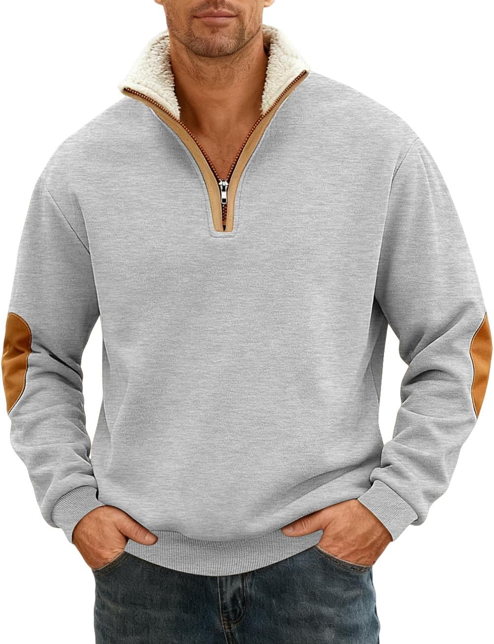 QOSOQ Men's Fleece Sweatshirts Vintage Quarter Zip Pullover shirt Casual Long Sleeve Sweatshirt warm tops