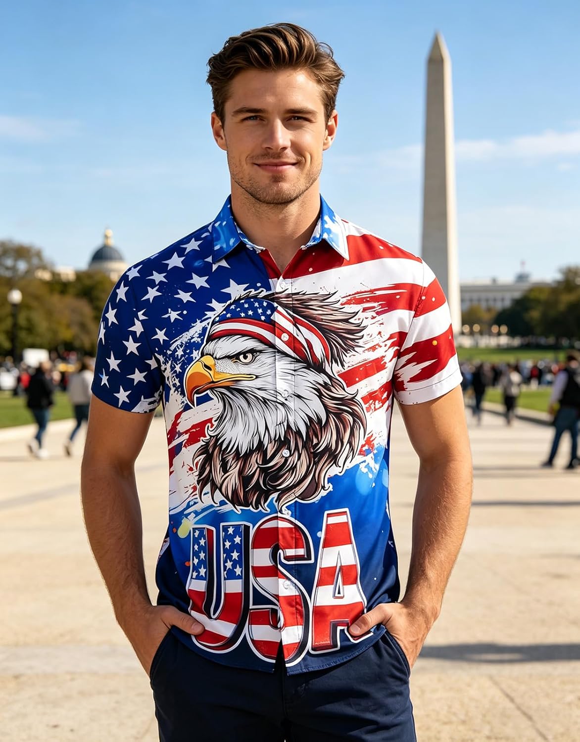 RAISEVERN Patriotic Shirts for Men 4th of July America Flag Hawaiian Shirt Button Down Short Sleeve
