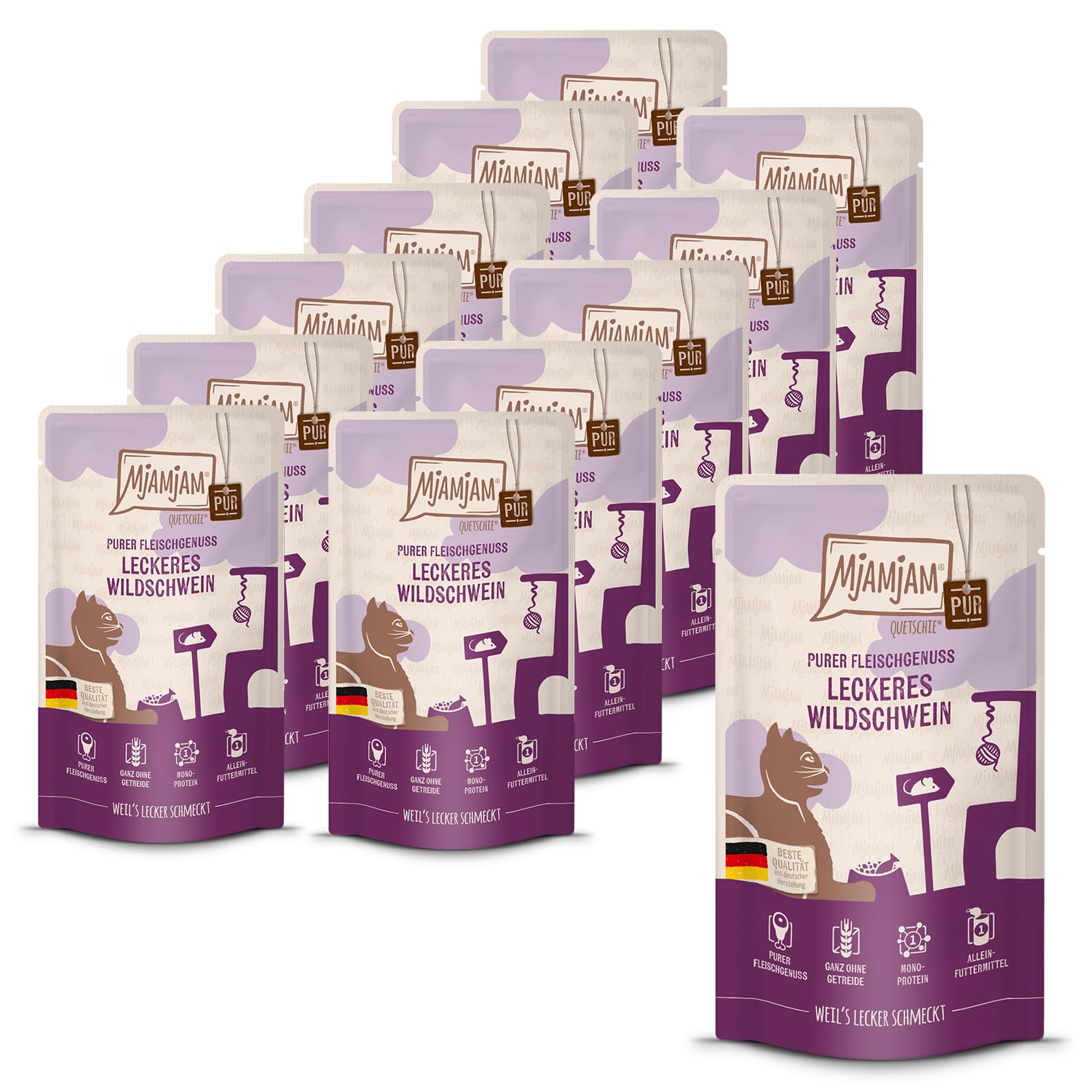 MjAMjAM - Premium wet food for cats - Quetschie Pure meat enjoyment - delicious pure wild boar, 12 pack (12x125g), grain-free