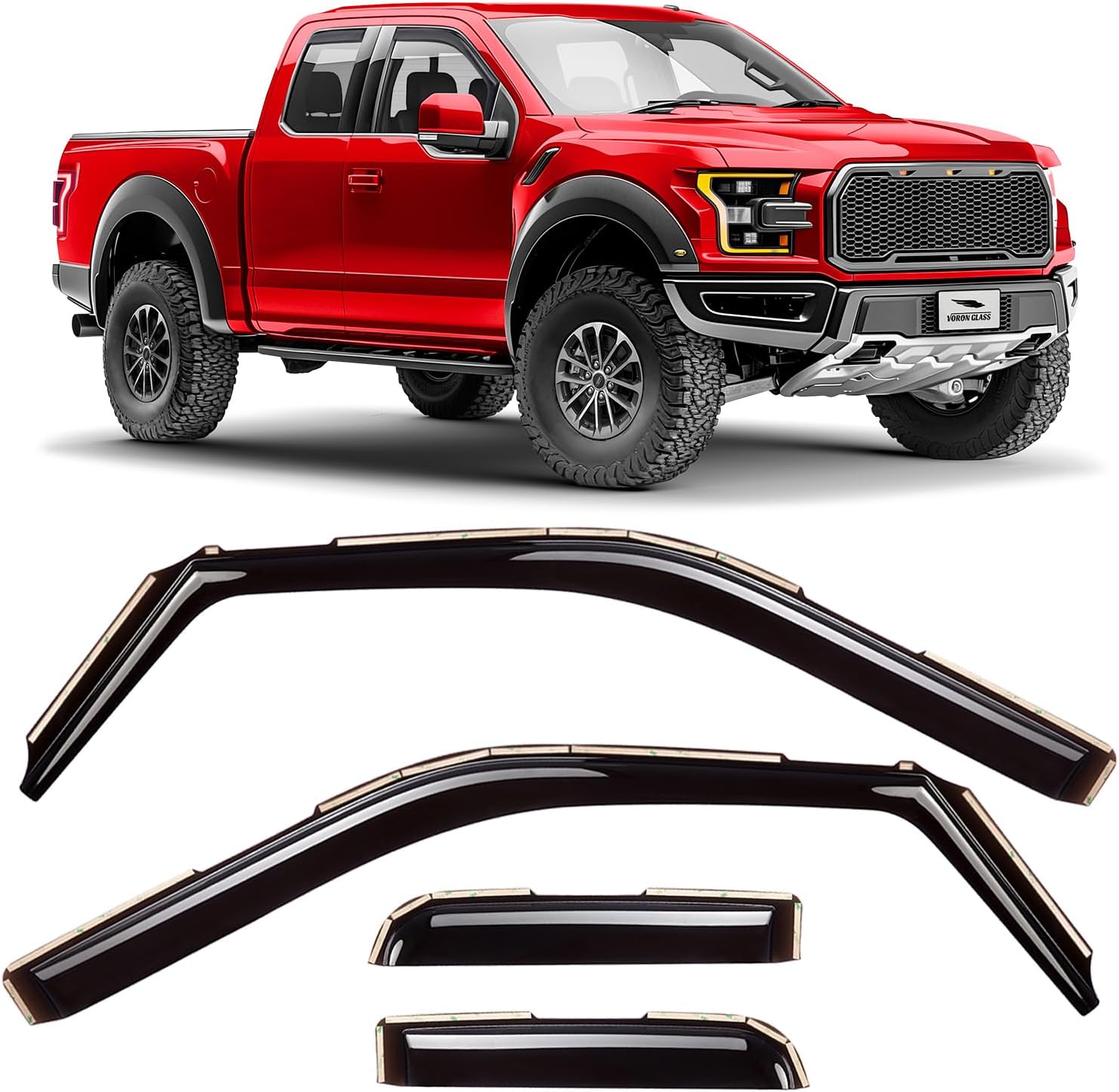 Voron Glass in-Channel Extra Durable Rain Guards for Ford F150 Raptor 2017-2020 SuperCrew, Window Deflectors, Vent Window Visors, 4 Pieces - 200288