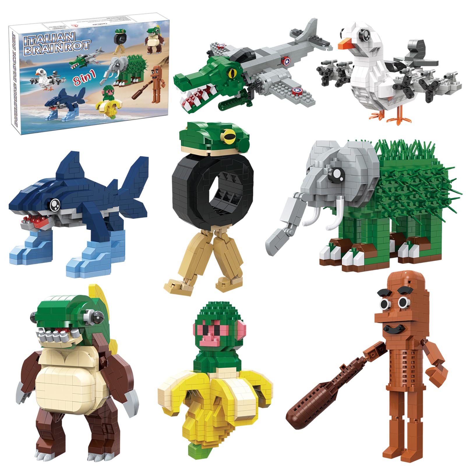 Myth Qholve Italian Brainrot Building Bricks Set 8 Models Creative Animal & Character Blocks Fun Collectible Toy for Kids & Adults