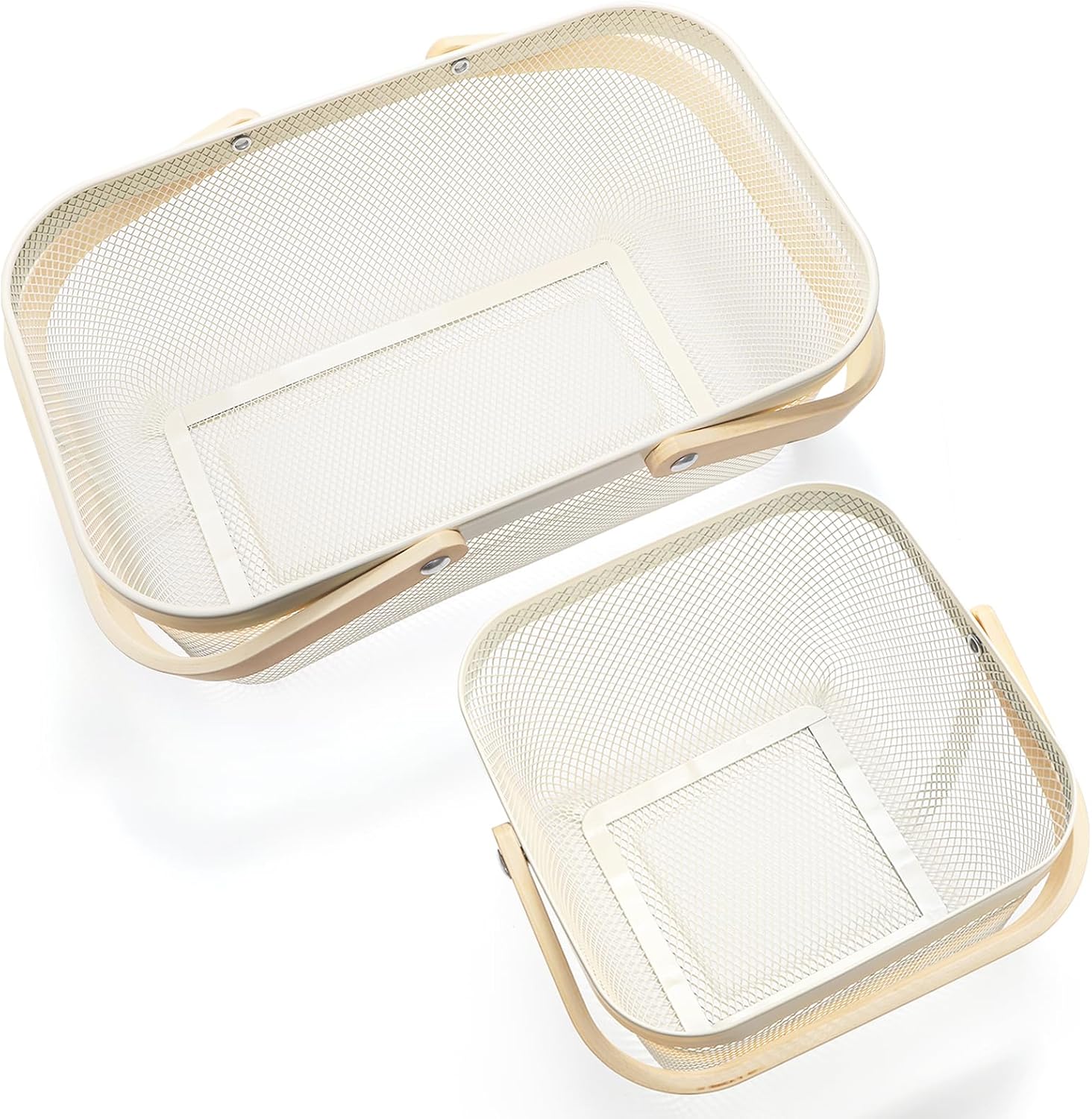 ZEAYEA 2 Pack Harvest Basket with Handle, Garden Baskets for Gathering Vegetables, Multi-functional Metal Mesh Fruit Basket, White Mesh Storage Basket for Picnic Kitchen Garden Cabinet Pantry Bathroom
