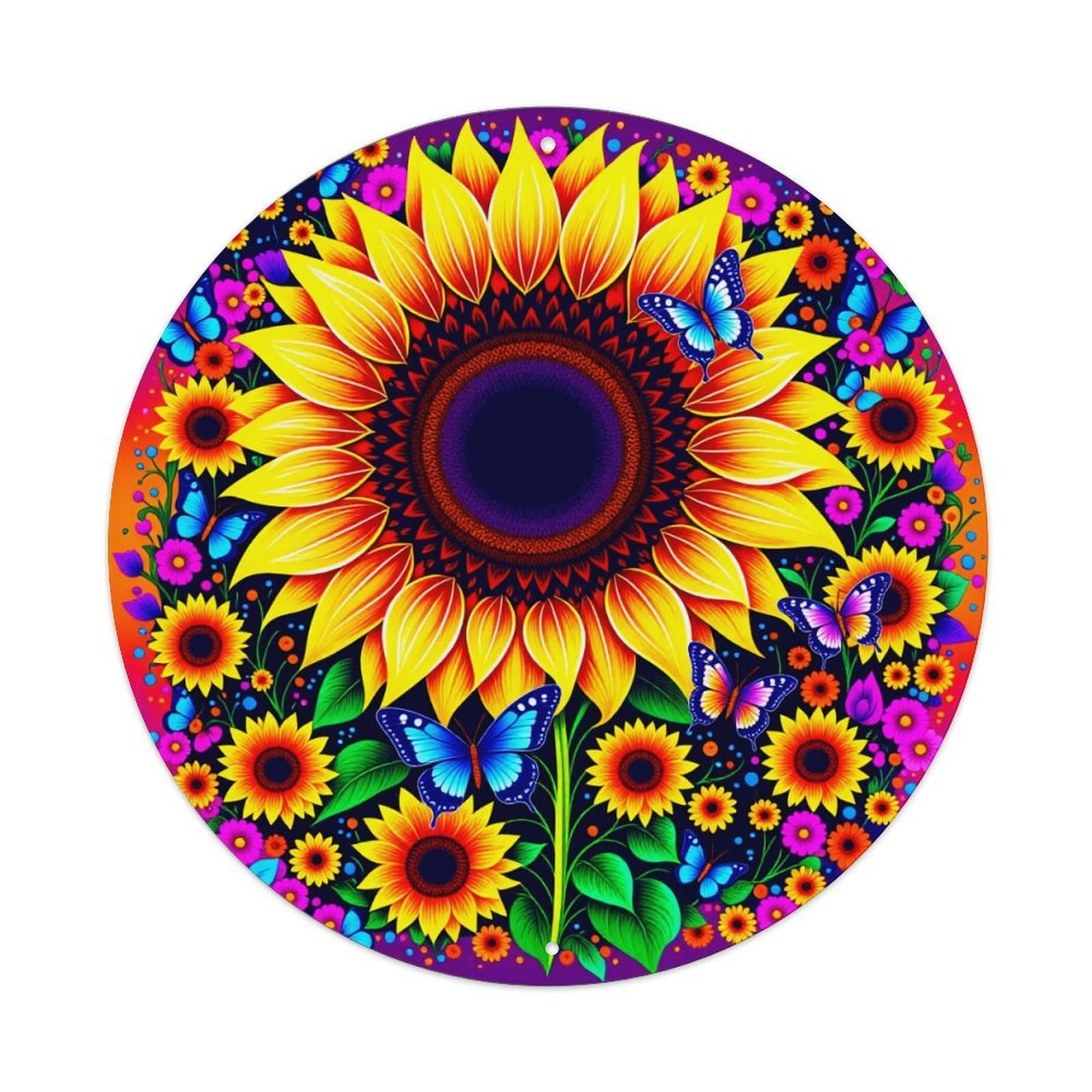 Sunflower Butterfly Floral Pattern Art Round Tin Sign Vintage Metal Poster Retro Bar, Home, Man Cave, Kitchen, Laundry Room Wall Art Decor Gift 8x8In