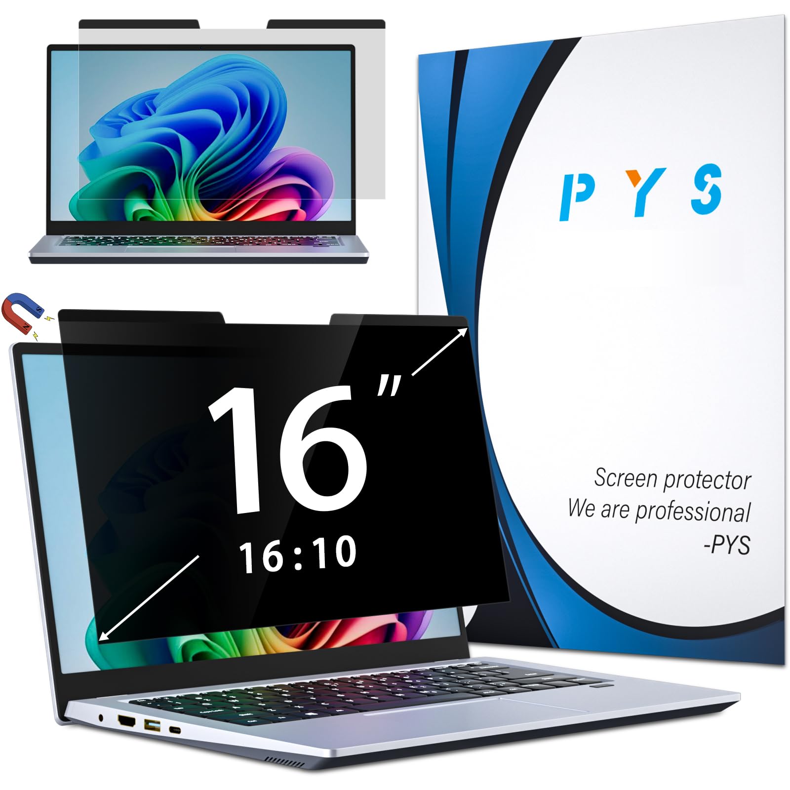 PYS 16 Inch 16:10 Ratio Laptop Screen Protector - Magnetic, Anti-Glare, Blue Light Filter, Compatible with HP, Dell, Acer, Asus, Lenovo Laptops, 1 Count
