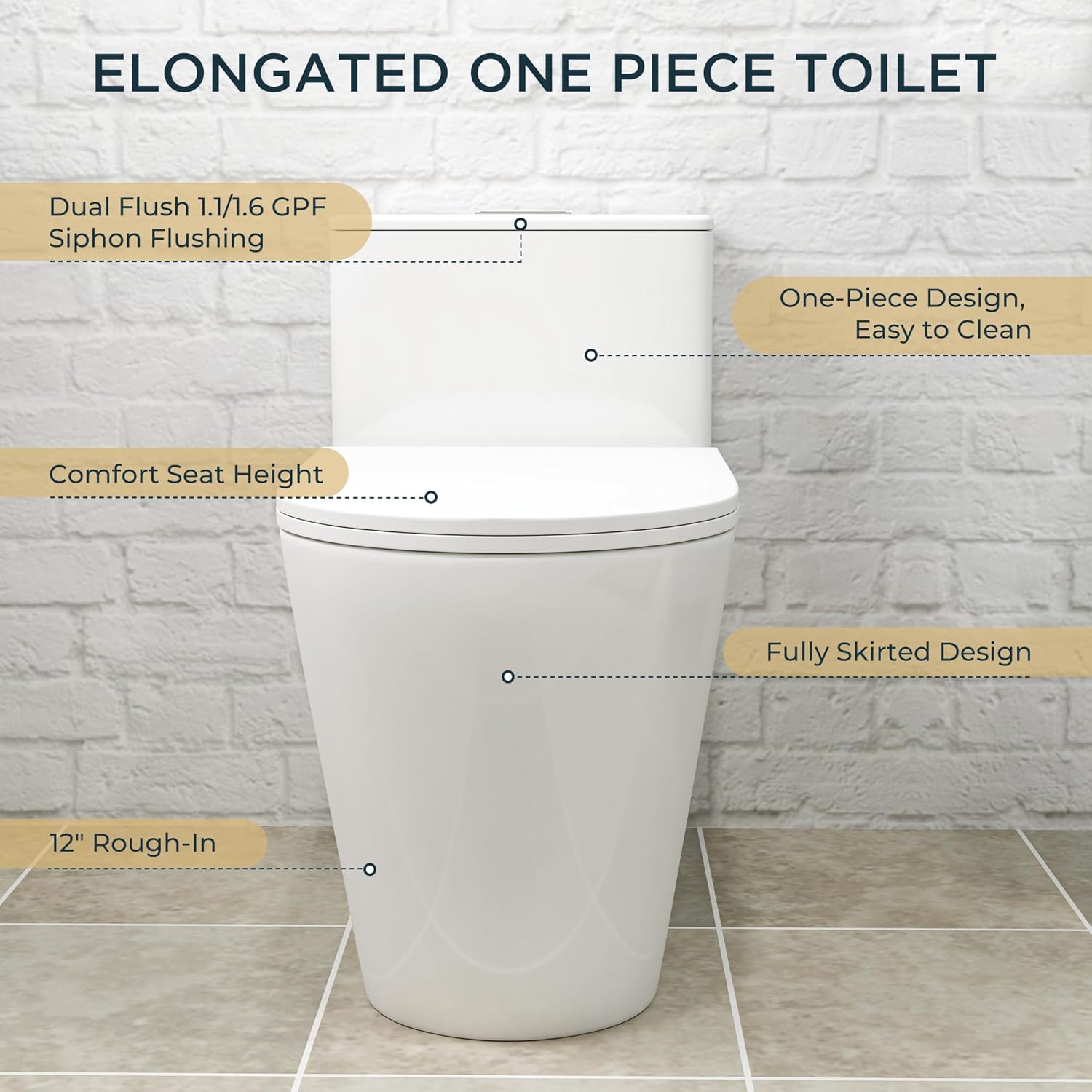 Compact One-Piece Elongated Toilet Dual Flush 1.1/1.6 GPF Siphon Flushing, 12 inch Rough-In, 16-1/8 inches Comfort Standard Height, Quiet Soft-Close Seat, Fully Skirted Easy-Clean Design (White)