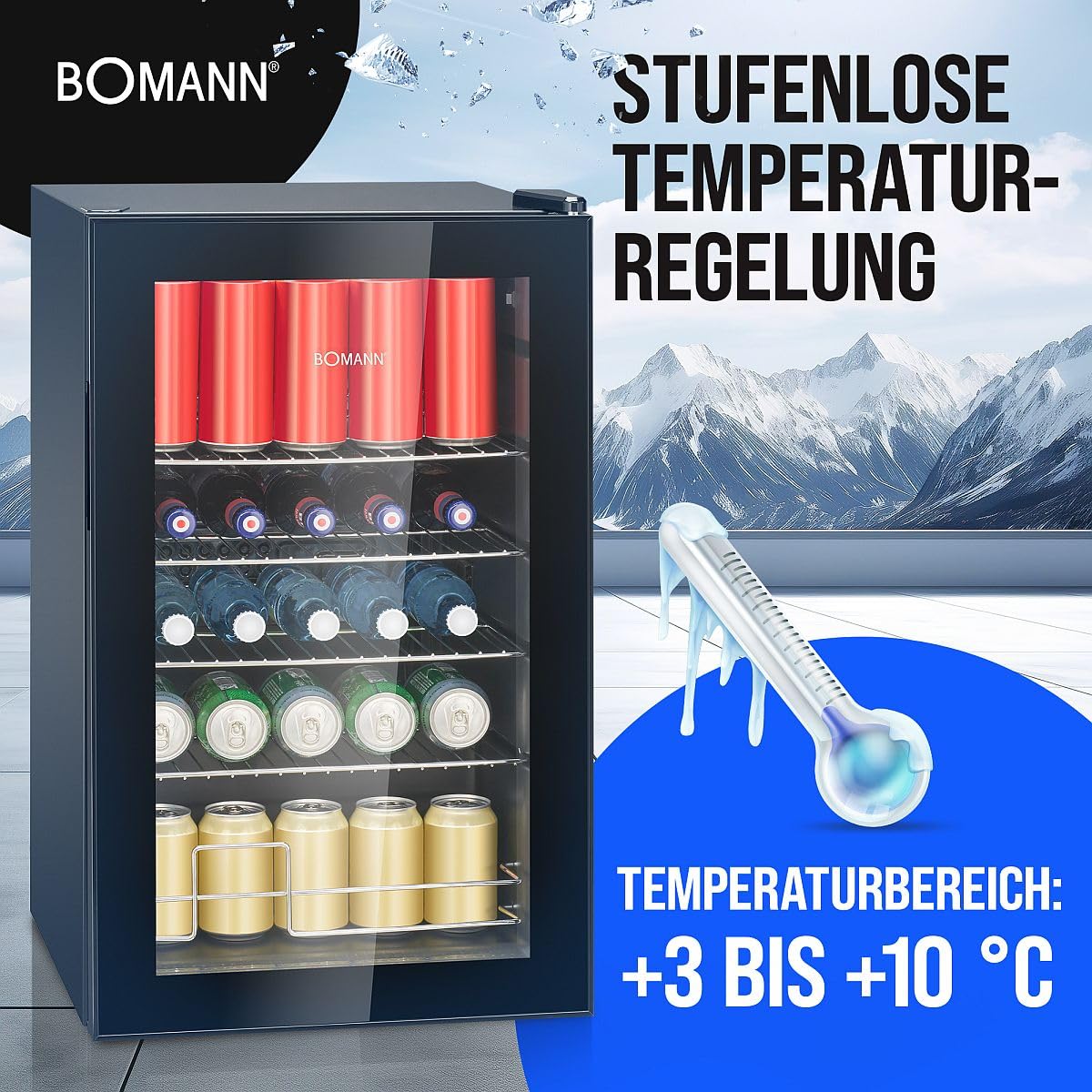 Bomann KSG 7287 Getränkekühlschrank 63 Liter stufenlos regelbar 3-10°C Glastür LED-Beleuchtung leise energieeffizient