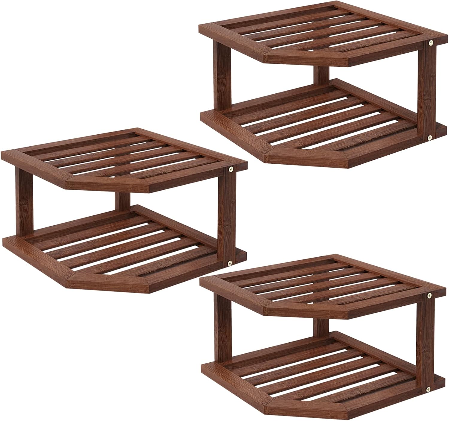 VERTORGAN 2 Tier Bamboo Corner Shelf 3 Pack Plate Organizer Kitchen(Brown)