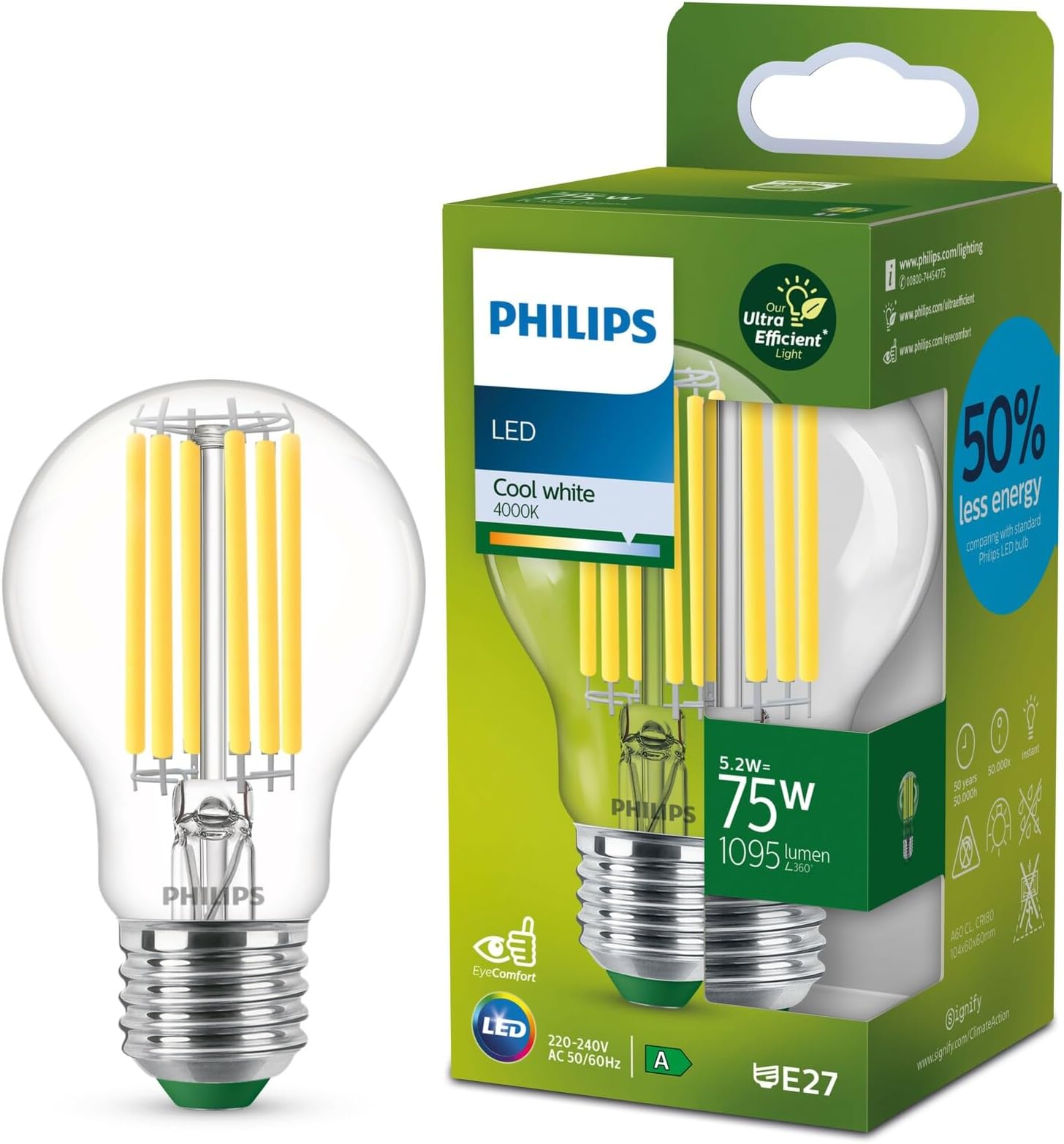 LED Classic Ultra Efficient E27 Bulb Energy Efficiency Class A Replaces 75 W Clear Cool White