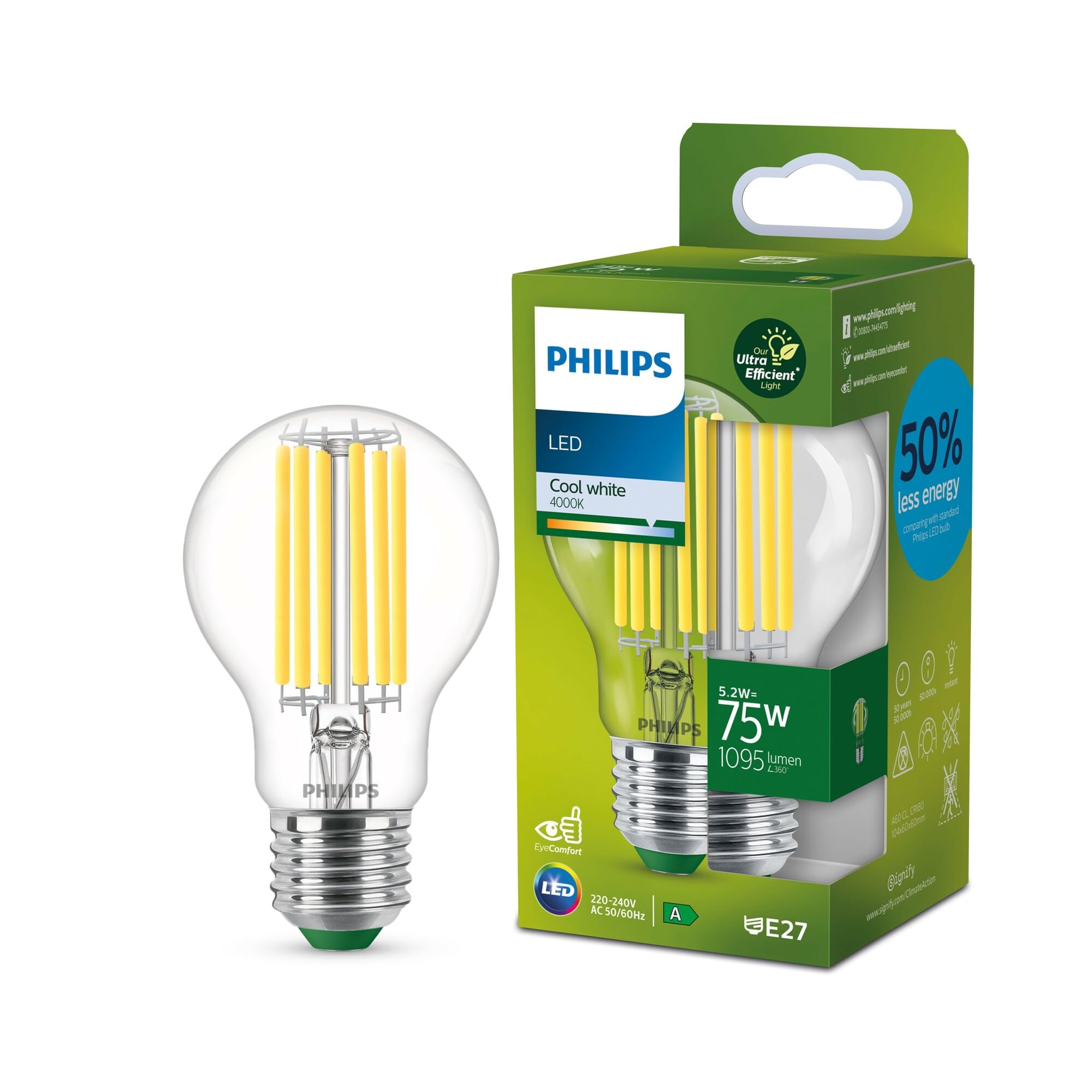 Philips Ultra Efficient - Ultra energy saving lights, LED light source, 75W, A60, E27, Cool White 4000 kelvin, clear