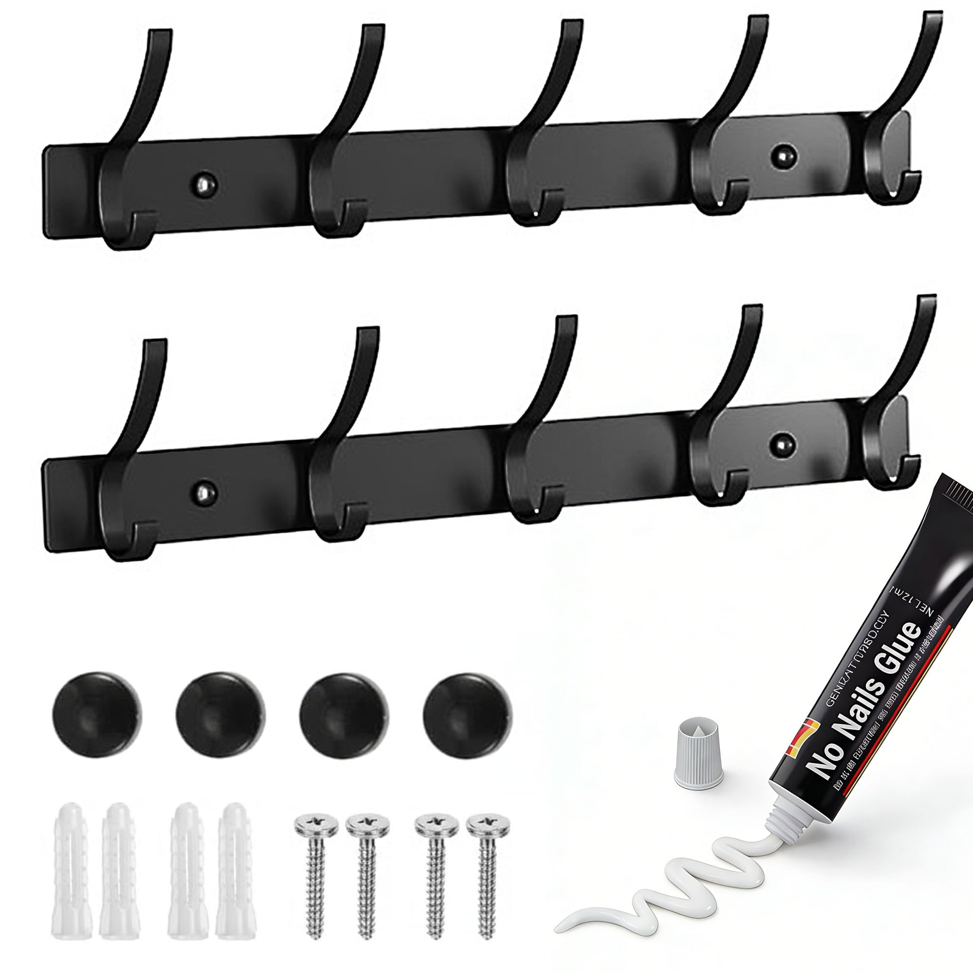 Goodaily Coat Hooks Wall Mounted 5-Hook, Black Coat Hooks, Wall Mounted Coat Hooks 2 Pack, Black Aluminum Heavy Duty Hooks, Dual Layer Design for Bathroom, Entryway, Bedroom and Kitchen
