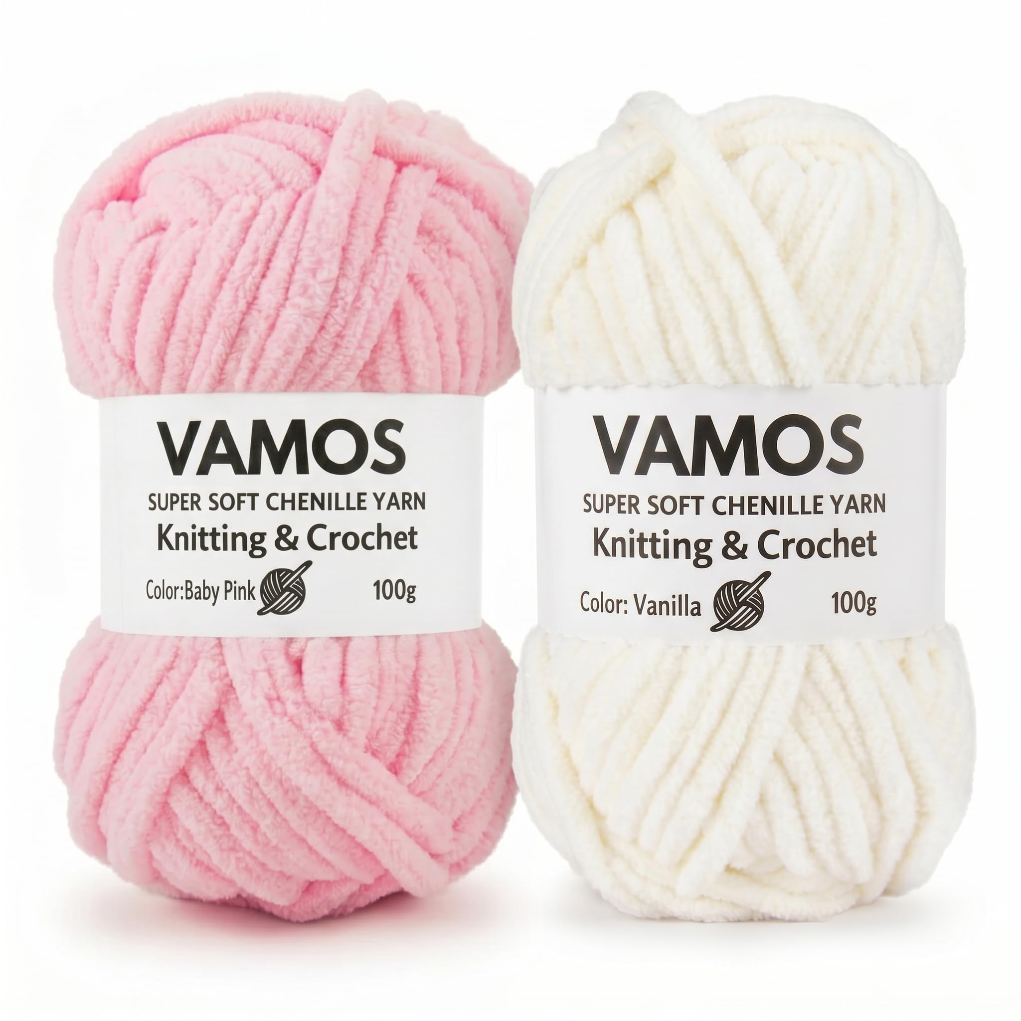VAMOS Super Soft Chenille Yarn pack of 2 – 100g each Plush Velvet Bulky Yarn Ball for Knitting, Crochet, Babywear, Amigurumi & DIY Crafts | No-Shed, Ultra Soft, Beginner-Friendly (Baby Pink + Vanilla)-image-2