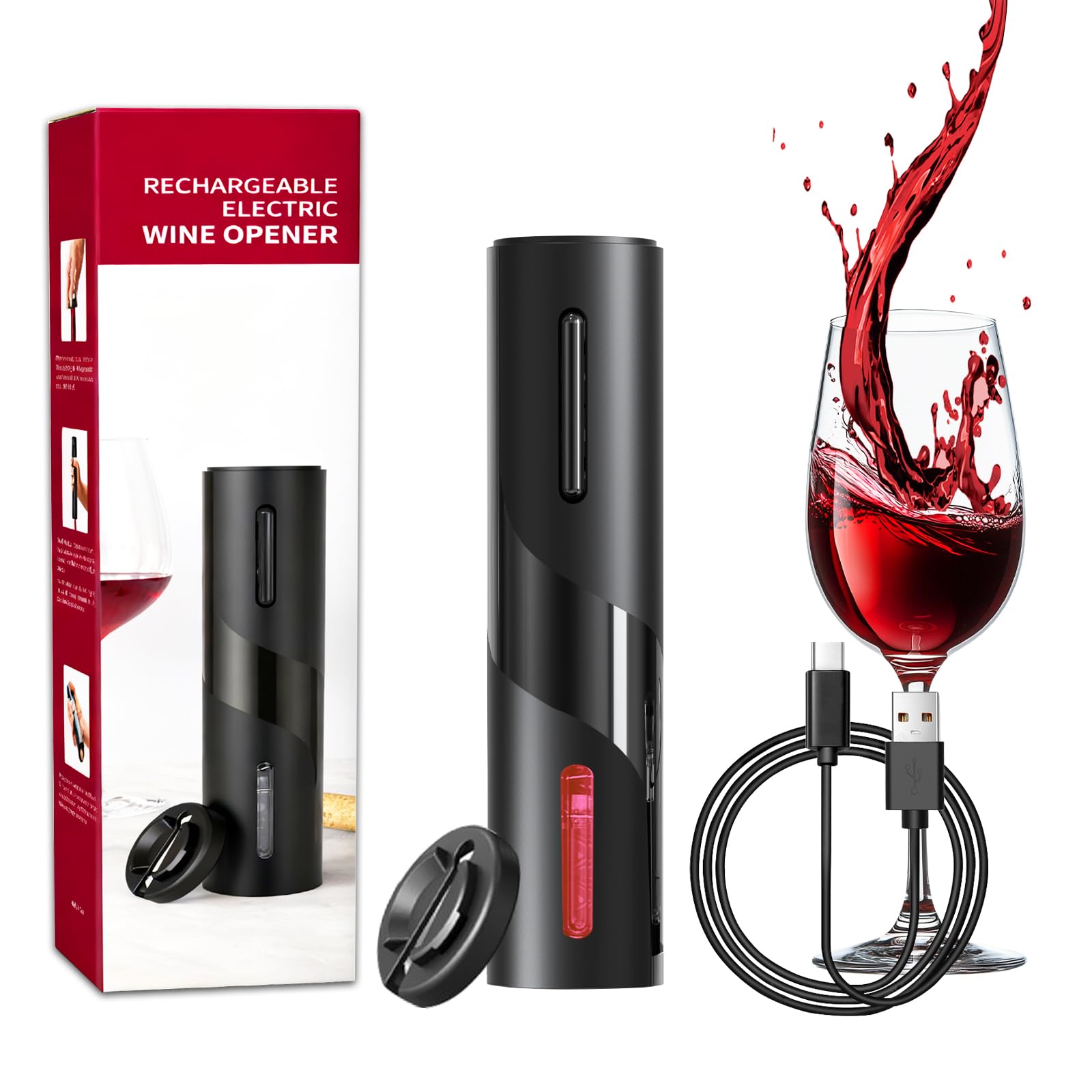 Sacacorchos eléctrico, Sacacorchos Eléctrico con Cortacapsulas Botella, Ideal para reuniones familiares y bares, Regalo hombre para amantes del vino (Abridor de botellas recargable - Negro)