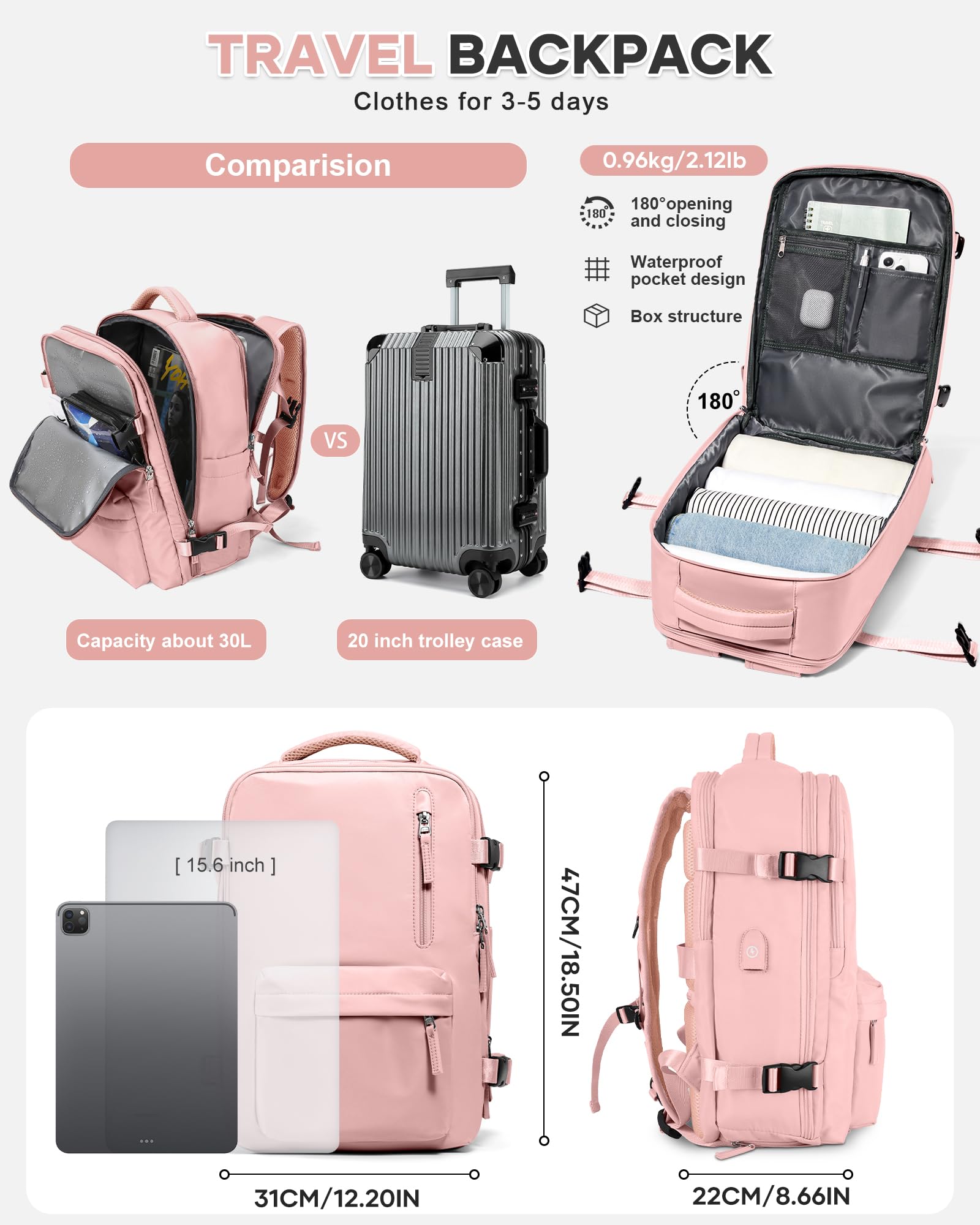 BJLFS Borse da Cabina per Ryanair 40×20×25 Bagaglio a Mano Easyjet 45×36×20 Borsa Zaino da Viaggio, Zaino da trekking,Zaino Casual per laptop da 14 pollici per scuola