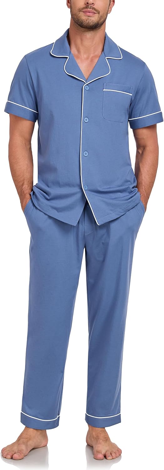 CF Men's 100% Cotton Pajama Sets Short Sleeve Sleepwear Button Down Pj Set Lightweight Long Pants Loungewear with Pockets