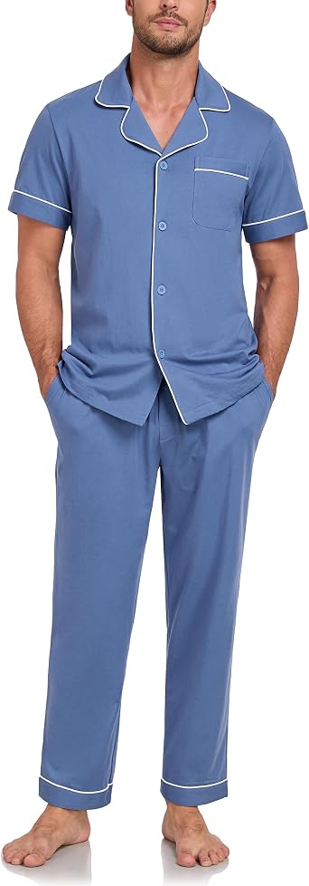 CF Mens 100% Cotton Pajama Sets Short Sleeve Sleepwear Button Down Pj Set Lightweight Long Pants Loungewear with Pockets