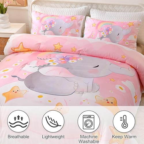 Miniatura 3 de Btargot Juego de edredón ligero y suave de 3 piezas de elefante con 2 fundas de almohada, juego de ropa de cama de dibujos animados arco iris,
