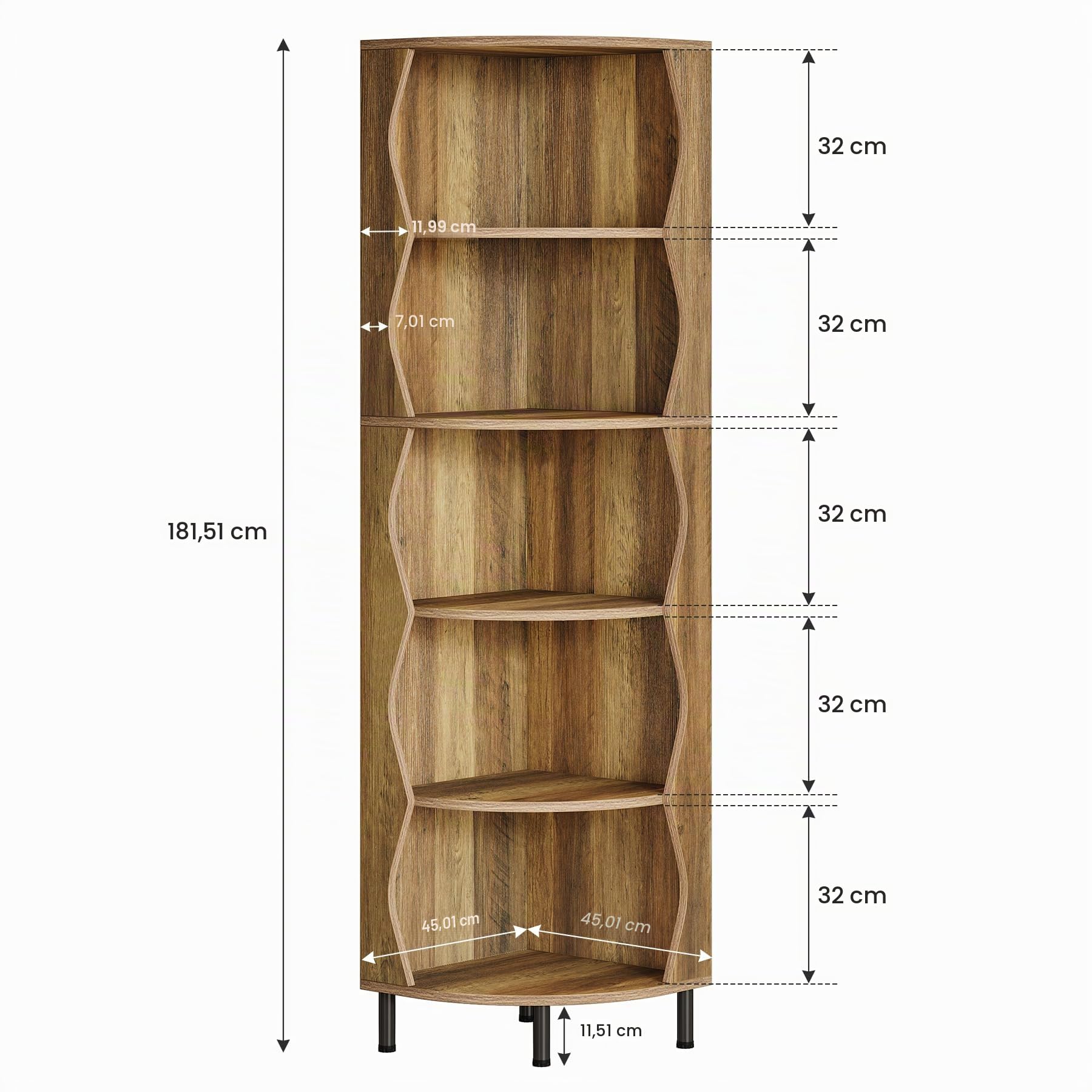 Tribesigns Eckregal 5 Ebenen 182 cm Hoch, Eckbücherregal Modern in Holz-Optik, Platzsparendes Standregal für Wohnzimmer & Schlafzimmer, Stabiles Ausstellungsregal Vintage Braun, 45 x 45 x 182 cm (1)
