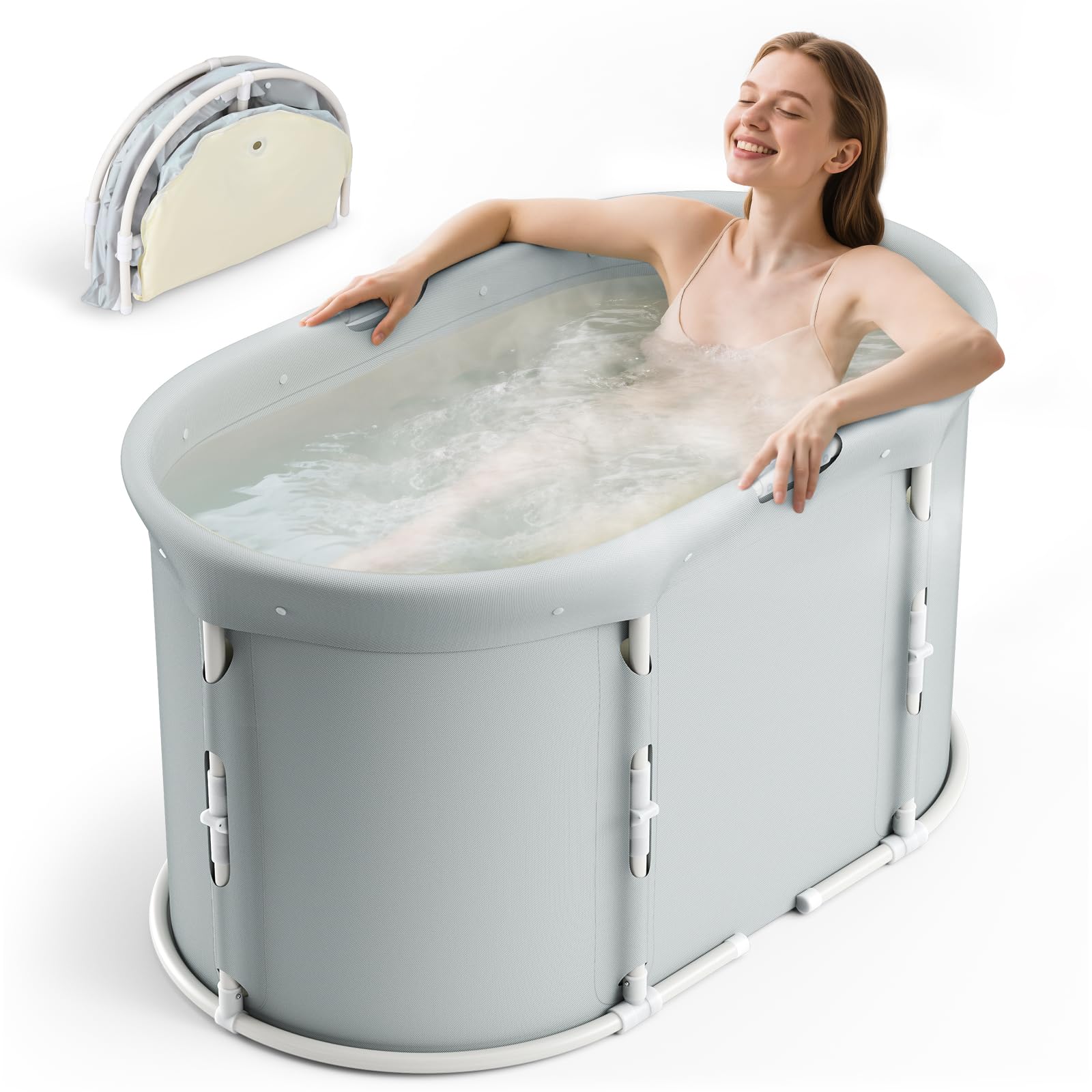 Bañera plegable para ducha, bañera independiente para baño caliente y helado, bañera de hielo portátil para adultos (ovalada)