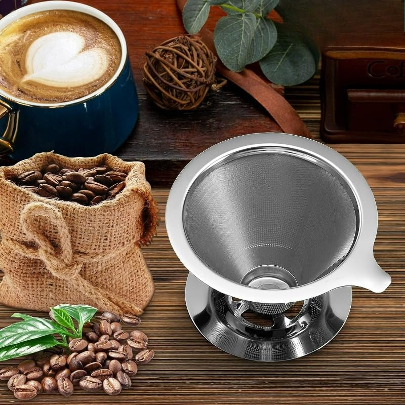 Gotero de café de acero inoxidable 304, filtro reutilizable sin papel para una taza, fabricante de malla fina, herramientas para el hogar (With a base L)
