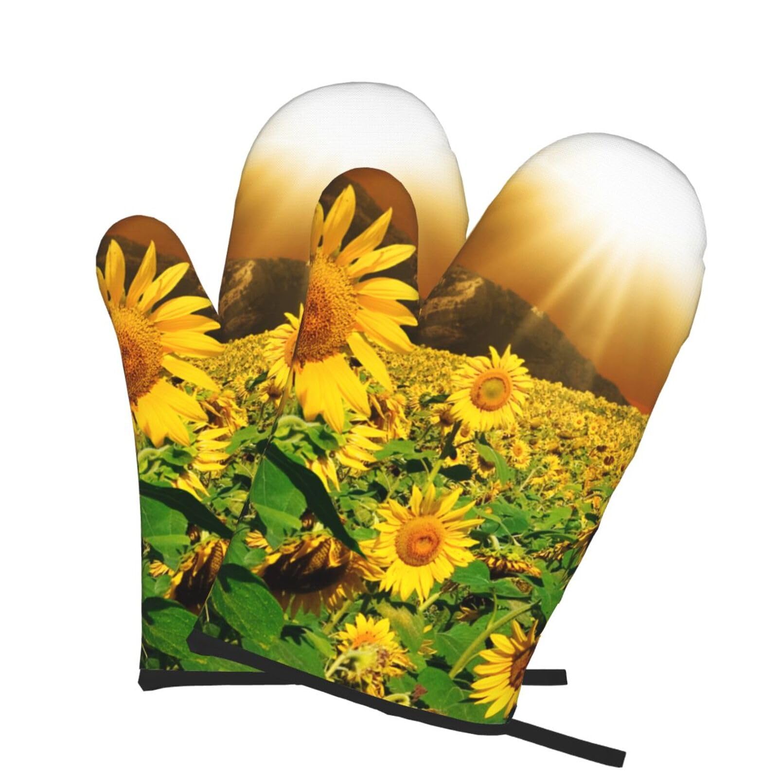 Oven Mitts Set of 2 Pcs, Yellow Sunflower Blooming Prints Heat Resistant Kitchen Gloves for Cooking Baking Grilling