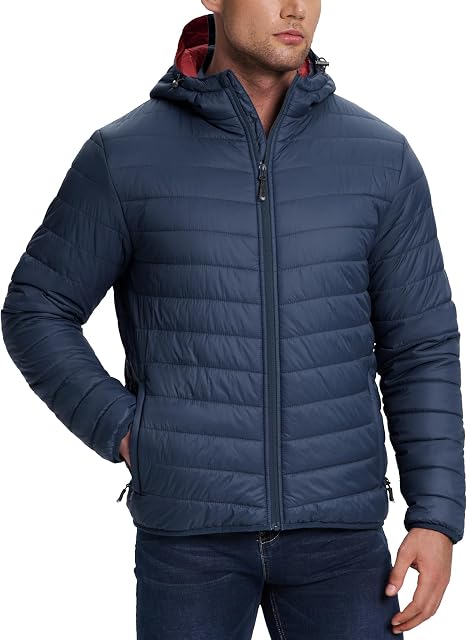 33,000ft Men's Lightweight Packable Insulated Puffer Winter Jacket with Hood, Water-Resistant Down Alternative Puffy Coat