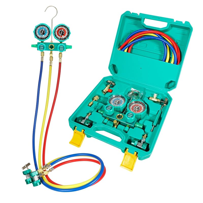 Kit Manifold Gauge de 3 Vias em Alumínio VECOTOOLS para Ar-Condicionado HVAC com Mangueiras de 1,22 m e Estojo