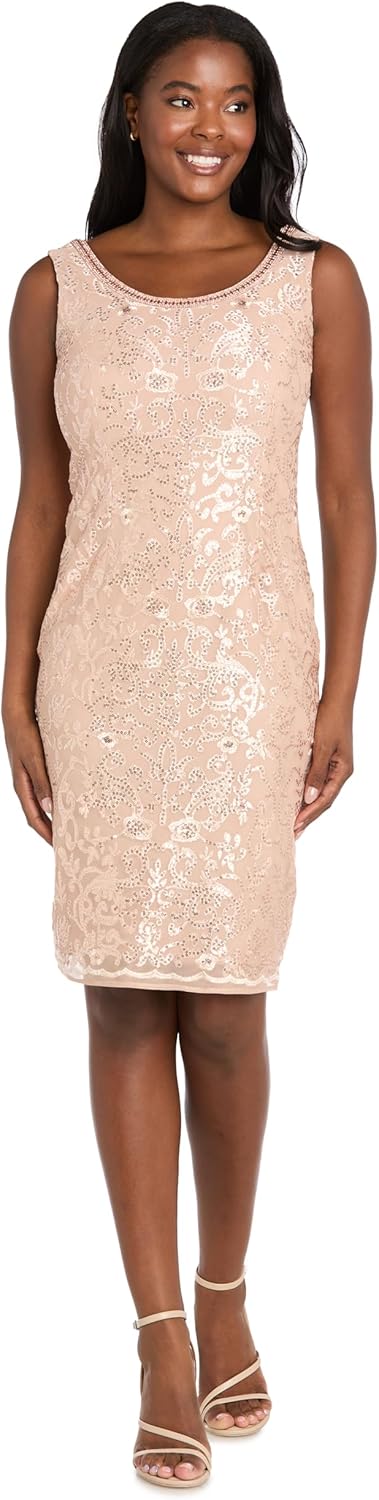 R&M Richards Women's Luxurious 2-Piece Shimmer Dress Set | Knee Length Sequin Sheath W/Embellished Sheer Duster Jacket - Image 3
