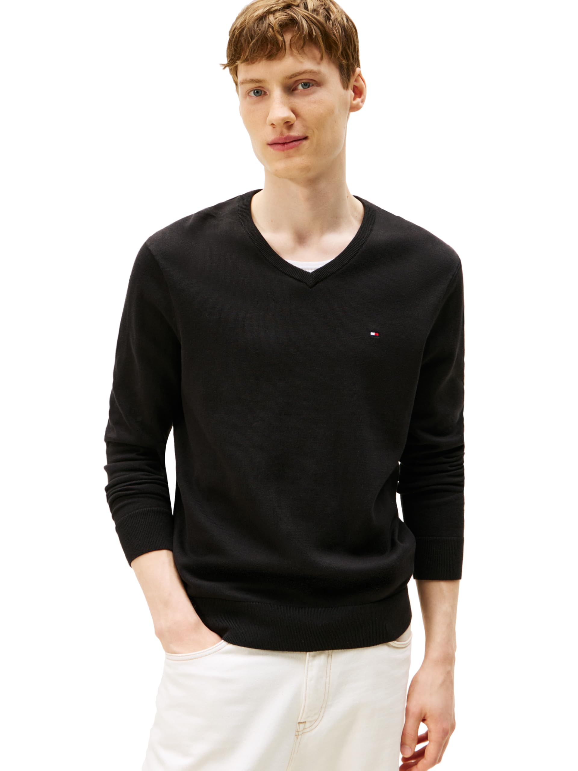 Tommy Hilfiger Męski bawełniany solidny sweter z dekoltem w serek, lekki sweter, czarny, M, Czarny, M