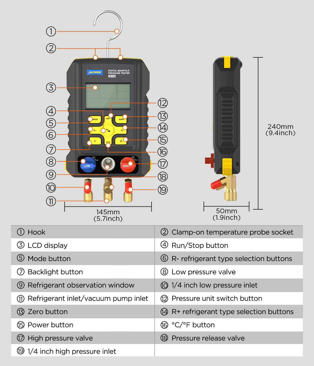 AUTOOL LM150 HVAC Manifold Gauge Kältemittel Klimaanlagen Werkzeuge AC Diagnose Anzeigen Set Vakuum Druck Temperatur Leckage Tester Kompatibel mit R12,R22,R32,R407C,R404A,etc.