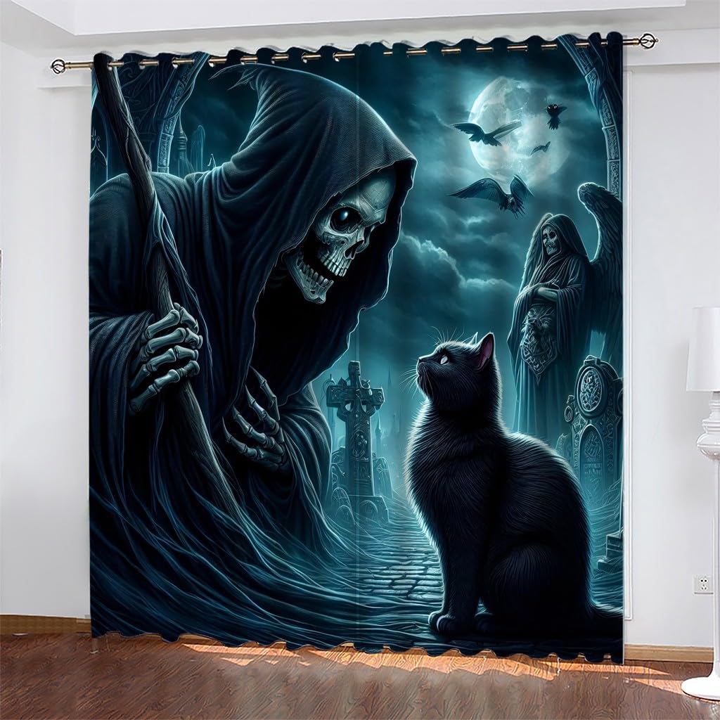 Genérico Zasłony dekoracyjne Czarny kot ze szkieletem - termiczne nieprzezroczyste 2 sztuki 140x145cm, izolowane zimno/ciepło do salonu i sypialni z pierścieniami AJ1359