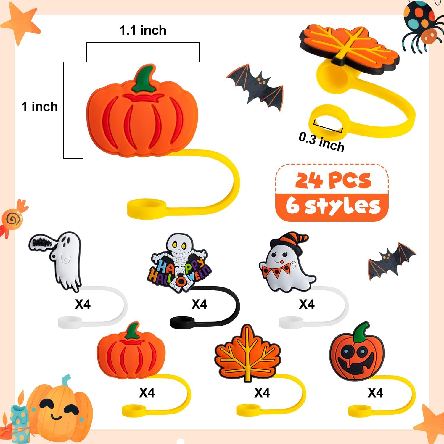 24 PCS Halloween Straw Toppers, Halloween Straw Cover Cap for Cup, 6 Style Halloween Style Cute Silicone Straw Drinking Tips Covers, Ghost Pumpkin Straw Accessories for Home Party Accessories - Image 3