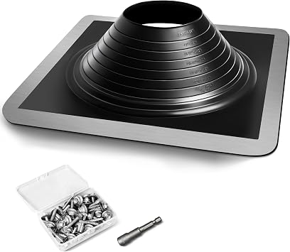 #8 Epdm Metal Roof Vent Boot, Flexible Roofing Boots Fits Pipe Od 6 3/4 to 15, Metal Roof Jacks Flashing for Houses Includ Roofing Screws & Hex, Black/ 1 Pcs