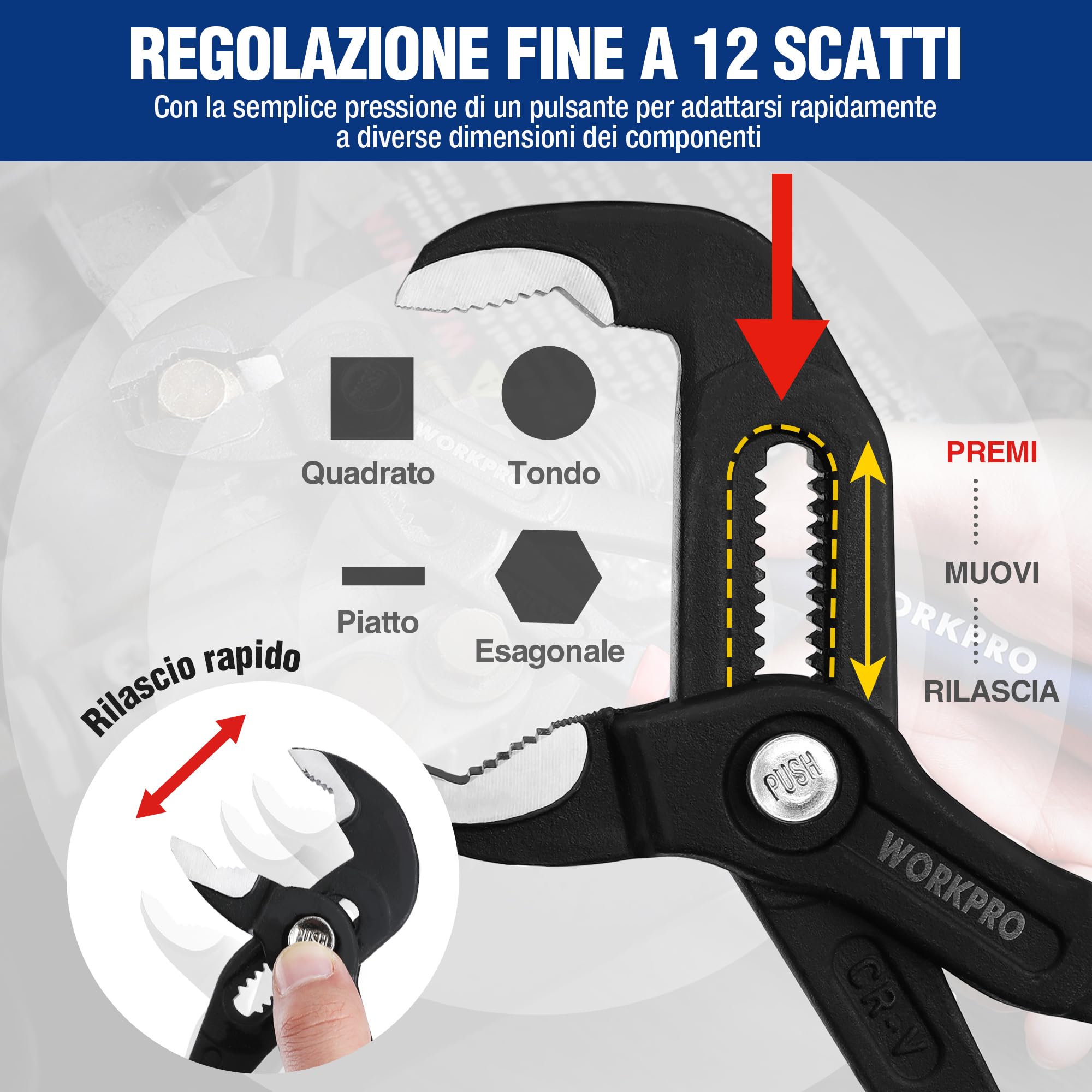 Workpro Set di 2 pinze idrauliche da 180 mm e 250 mm, regolazione rapida, per tubi e pompe dell’acqua, a giunto scorrevole, con ganasce molto ampie e impugnatura antiscivolo