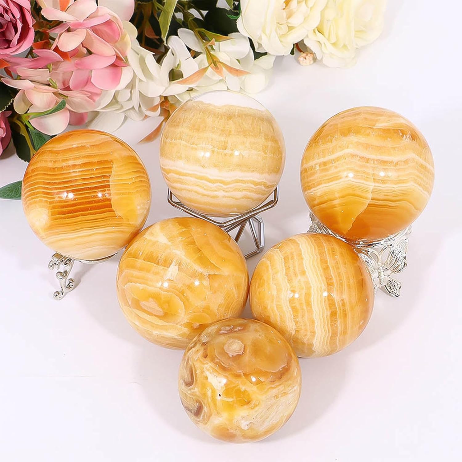 天然石 黄色 球体 木製スタンド付き