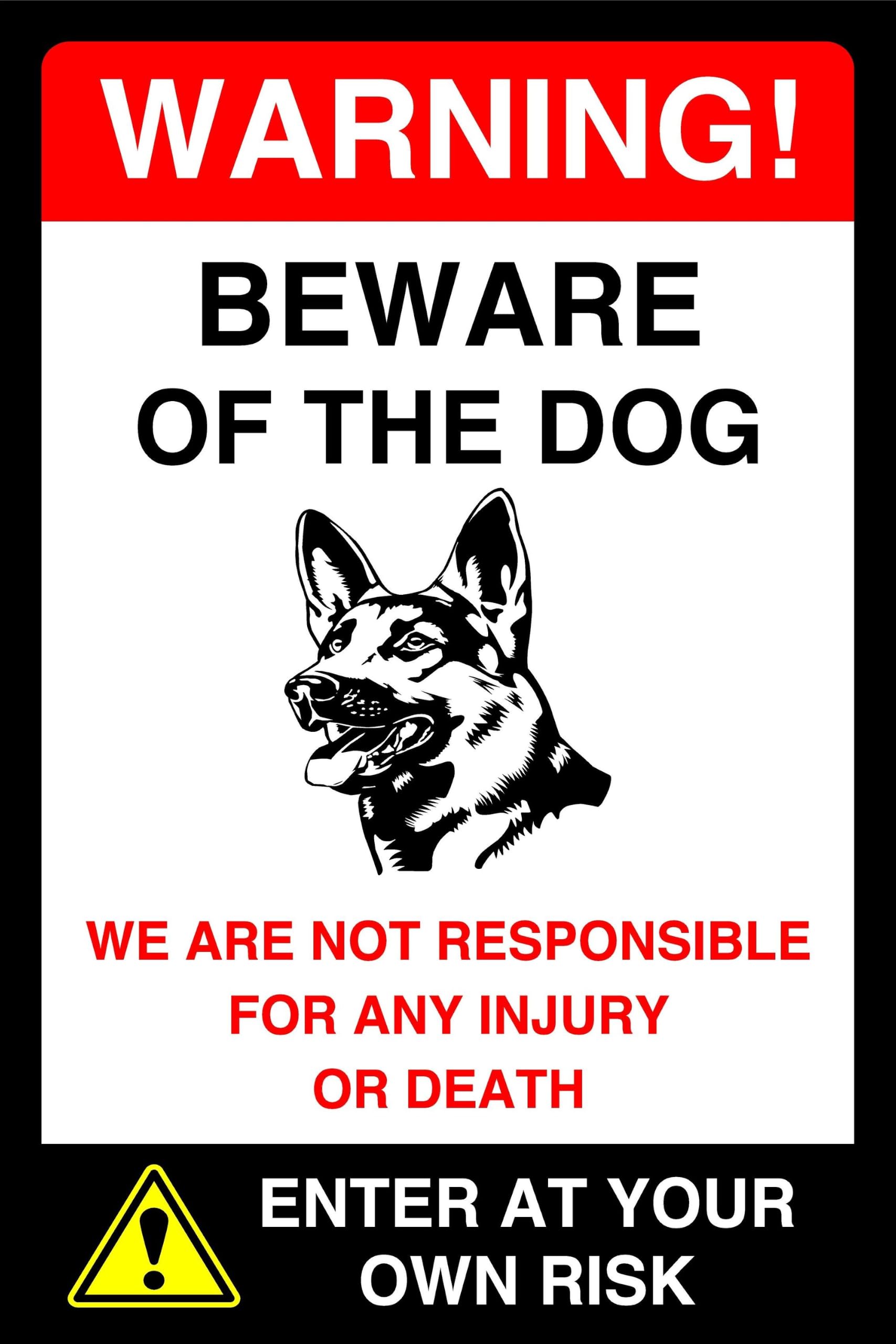 Warning! Beware Of The Dog - We Are Not Responsible For Any Injury Or Death - Dog Sign - High-Tack Self-Adhesive Vinyl Sticker (150 x 100mm)