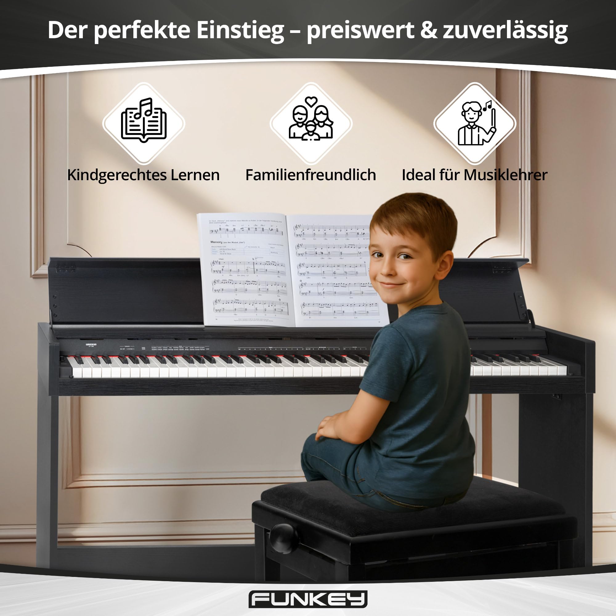 FunKey DP-1088 SM Pianoforte digitale sottile - 88 tasti sensibili alla velocità e 3 pedali - 20 suoni - Altoparlanti stereo integrati e 2 prese per cuffie - Finitura nera opaca