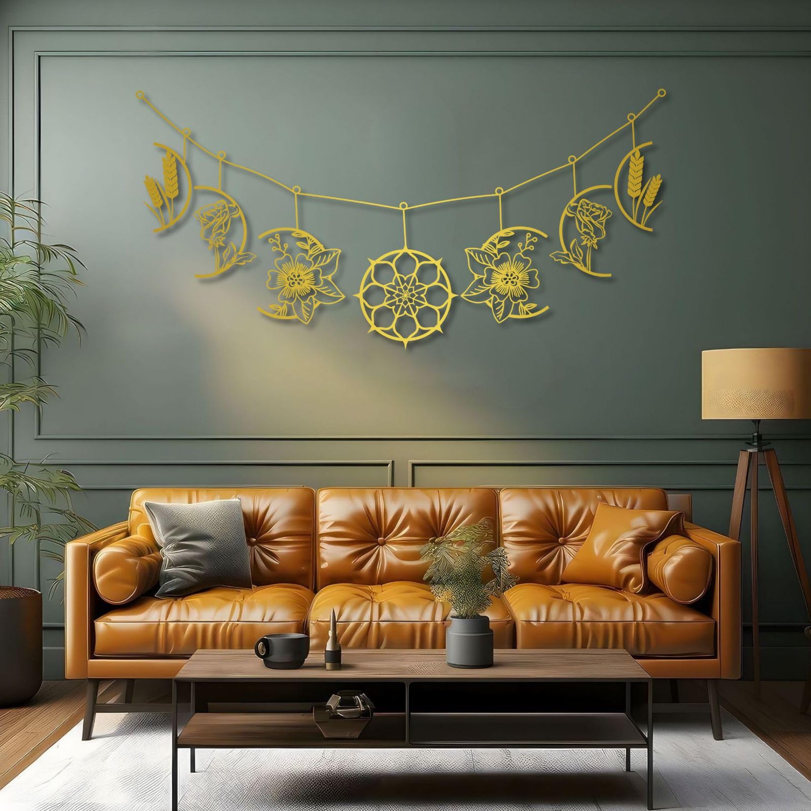 Arte de Pared de Fase Lunar de Metal Plateado Arte de Pared de Estilo Bohemio Floral de Granja Decoración de Arte de Fase Lunar Escultura Moderna para Sala de Estar, Dormitorio, Pasillo y decoración