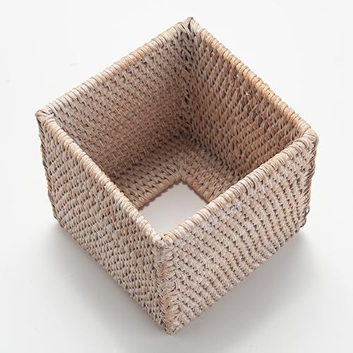 Miniatura 3 de Cubierta de la caja de pañuelos de ratán tejido natural para servilleta facial cuadrada (blanco, 5.5 x 5.5 x 5.9 pulgadas)