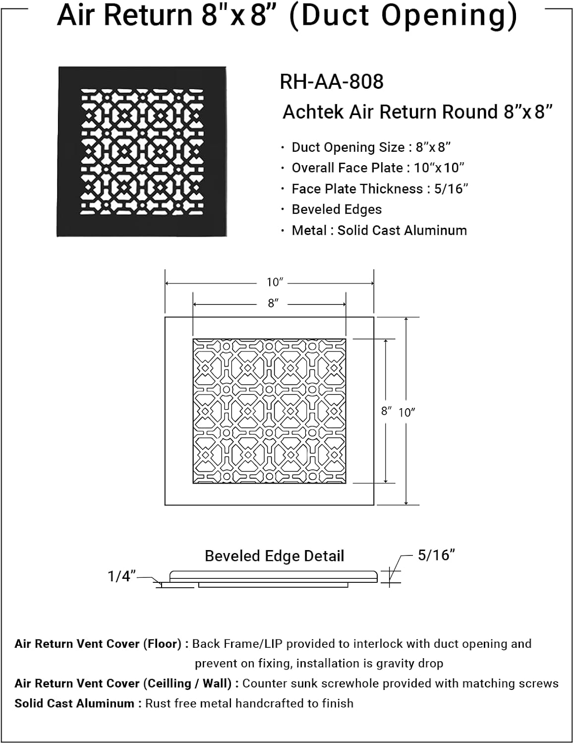 Achtek 8"x8" Duct (10"x10" Overall Size) Solid Cast Aluminum HVAC Air Return Grill Vent Cover | Powder Coated | for Wall-Black with Screw Holes