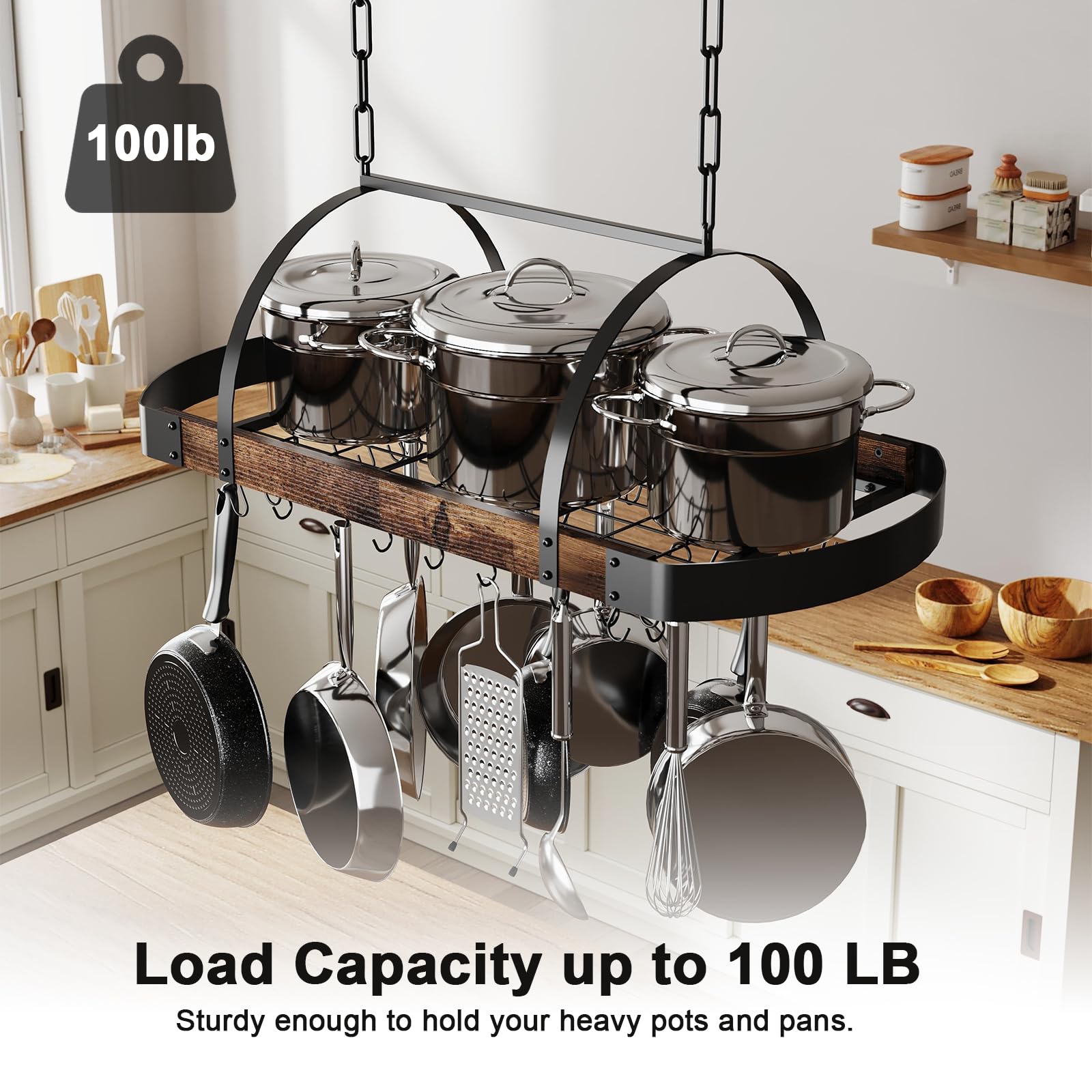 Hängendes Topfregal, 81,3 cm, Deckenregal für Küche, platzsparender Topfaufhänger mit 16 abnehmbaren S-Haken, stabiler Metallrahmen, Industrie-Stil, für Topf, Pfanne, platzsparend