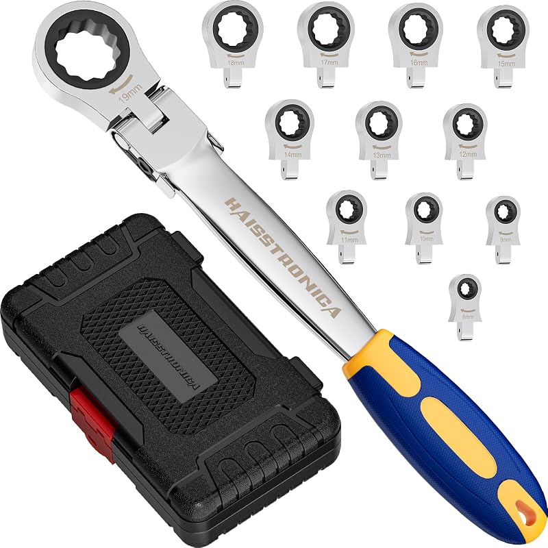 Conjunto de Chave Combinada Catraca 12 em 1 com Cabeça Flexível haisstronica, 8 a 19 mm, Azul e Amarela