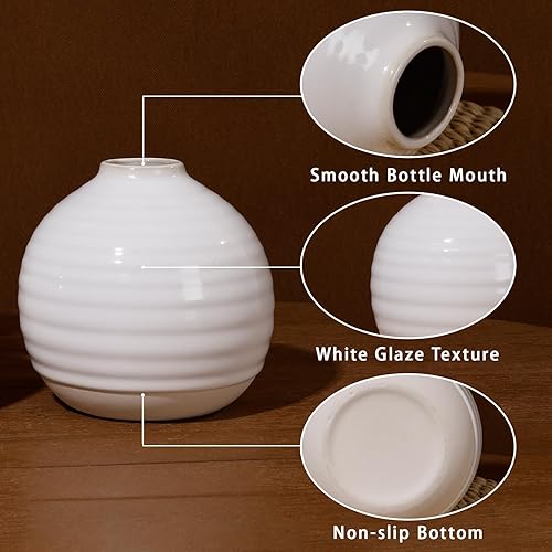 Miniatura 2 de Jarrón redondo de cerámica blanca, florero de boca estrecha redondo blanco para decoración del hogar, florero pequeño de flores secas, florero