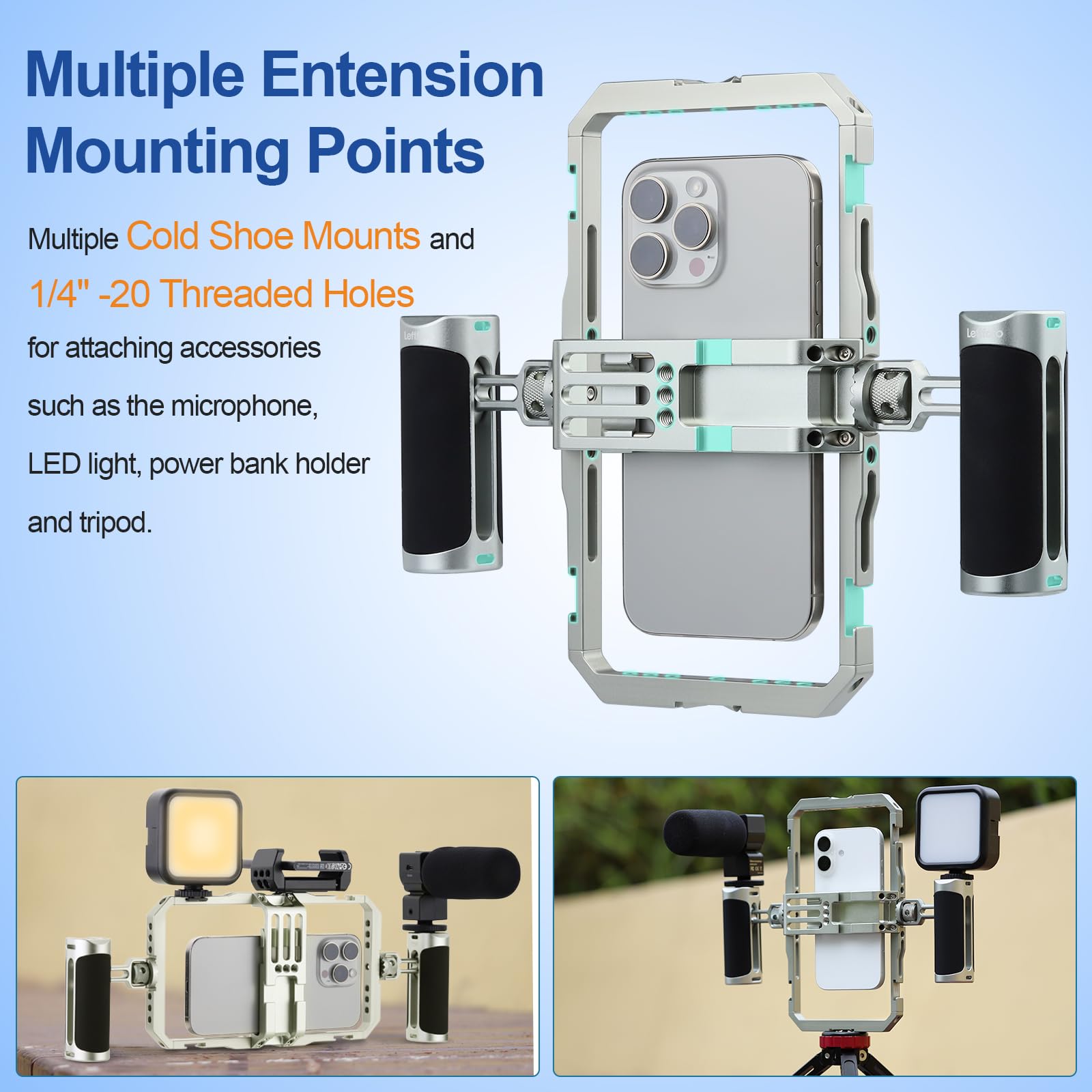 Leftfoto Cage stabilisatrice universelle en aluminium pour smartphone avec deux poignées pour iPhone 16 15 Mini Pro Max 8 Plus pour Samsung pour Huawei Mate, pour vlogging/prise de vue vidéo