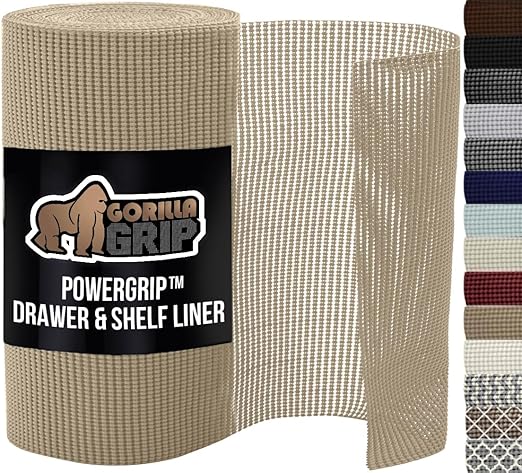 GORILLA GRIP powerGRIP Drawer Shelf and Cabinet Liner, Thick Strong Hold, Non-Adhesive Liners Protect Kitchen Cabinets and Cupboard, Bathroom Drawers, Easy Install, Breathable Mat, 12" x10', Beige