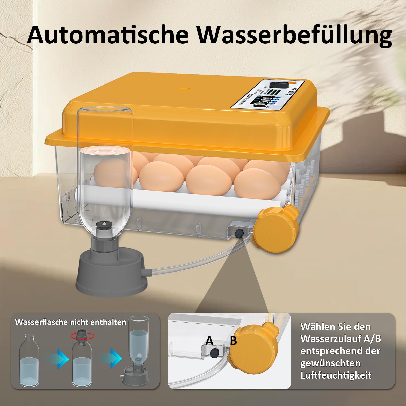Brutautomat Vollautomatisch für 16 Eier mit Temperaturregelung automatischem Wenden, Inkubator Hühner mit verstellbaren Walzen und automatischer Wasserzugabe, Brutmaschine LED Eierleuchte